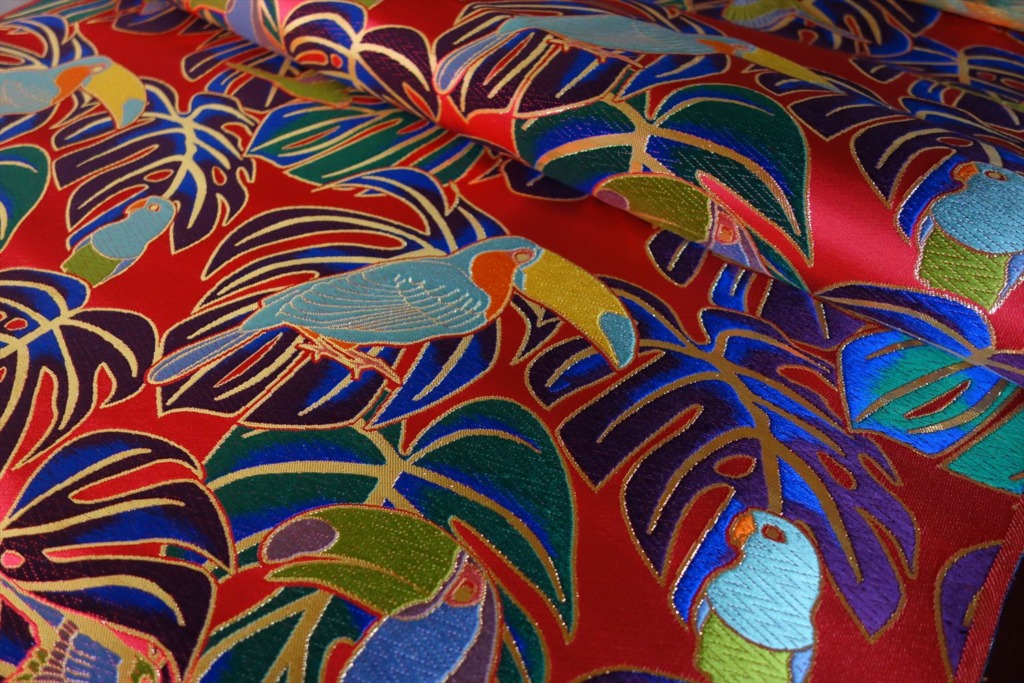 Full Silk Nishijin Kinran – Monstera and Bird Motif
