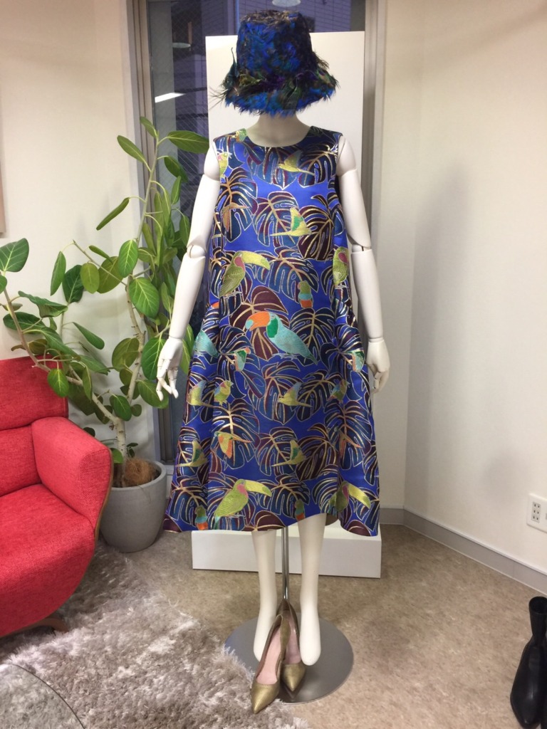 青地 モンステラと鳥紋様 オーダーメイドドレス