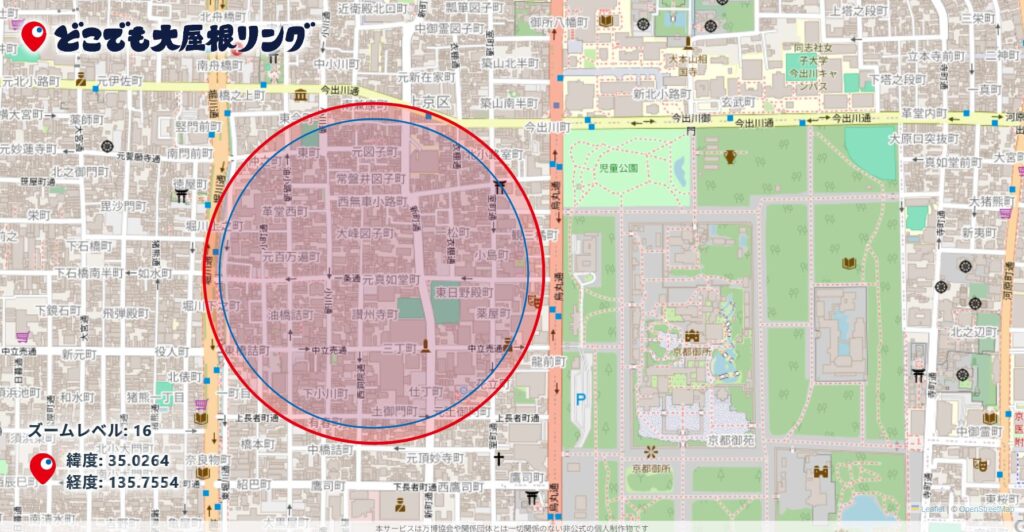 大屋根リングの大きさ　地図上で当社の上に置いてみました。 どこでも大屋根リングより